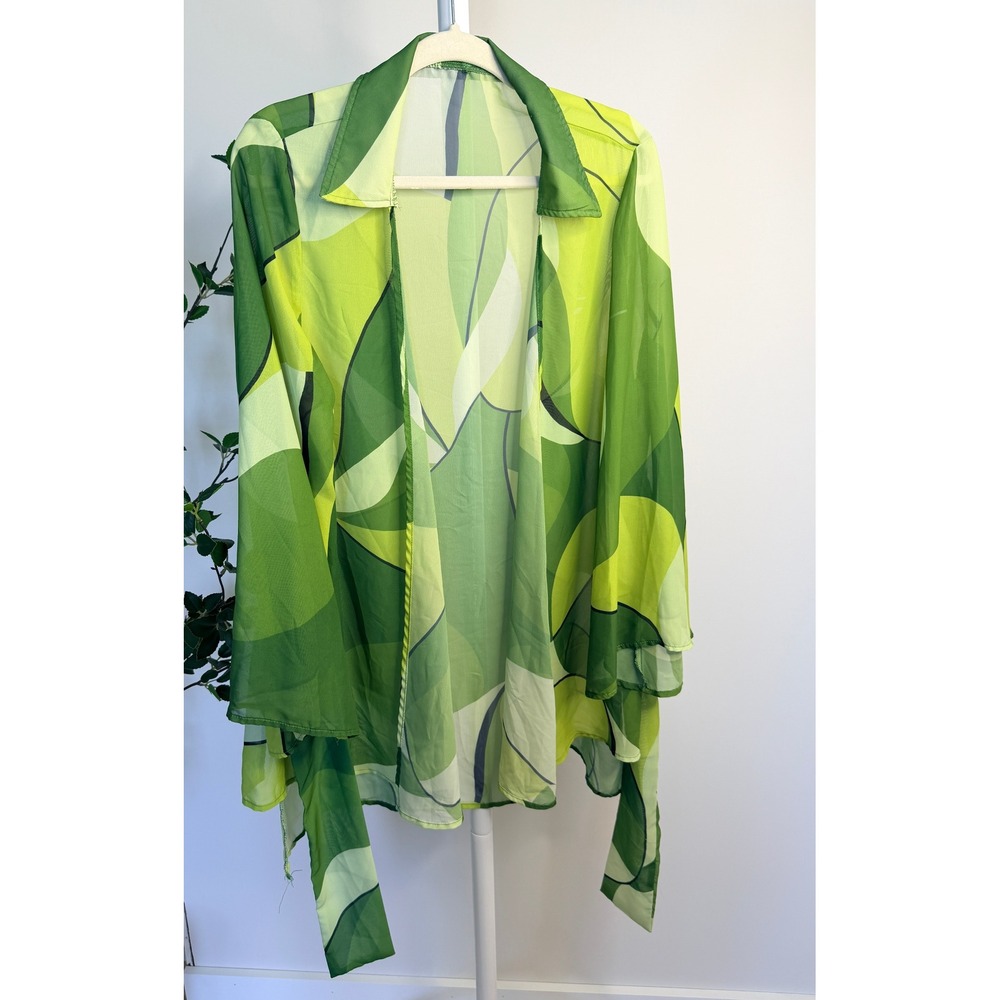 Green Abstract  Print Sheer Mesh Tie Front Beach Cover Up Bell Sleeve Top L/XL - Picture 4 of 5